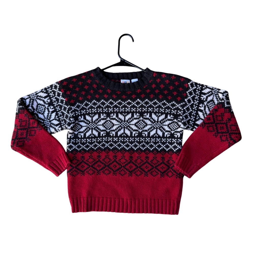 KRU Kids Red Black White Fair Isle Snowflake Knit Sweater Size 10/12 M